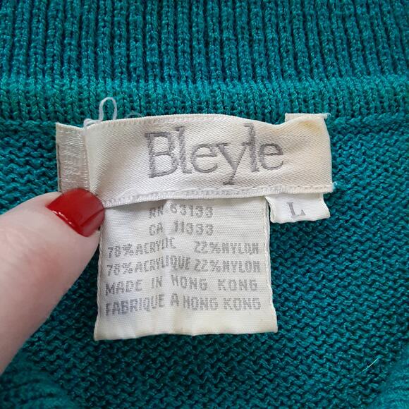 Vintage 80s Collared Crop Sweater + Straight Leg Knit Pants Set Aqua Womens L/XL - Picture 9 of 10